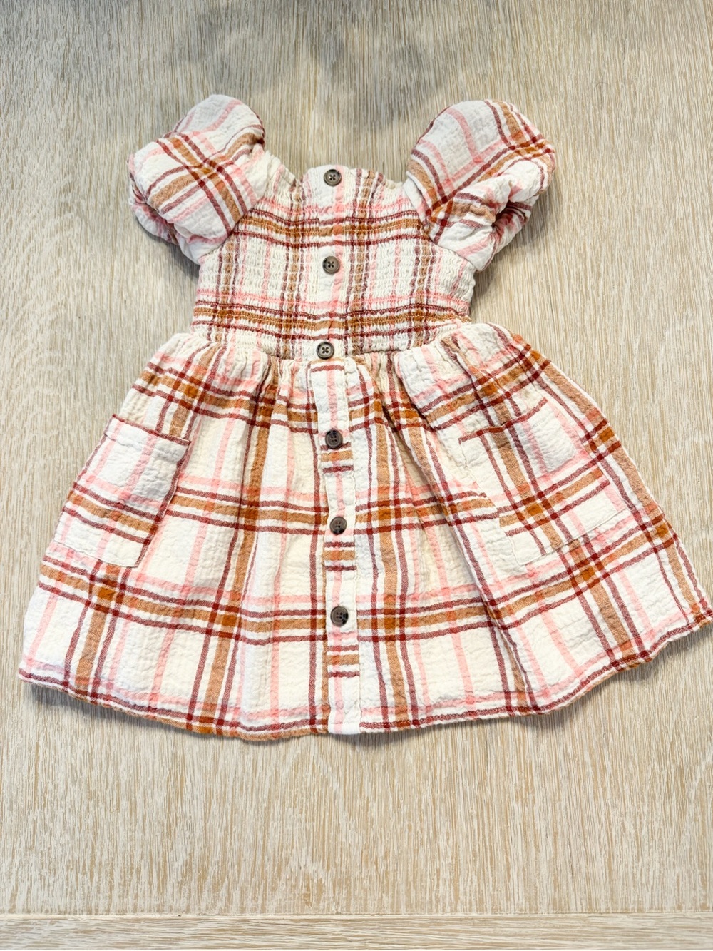 Cat & Jack Girls Plaid Puff Sleeve Smocked Dress Pink Brown 4T